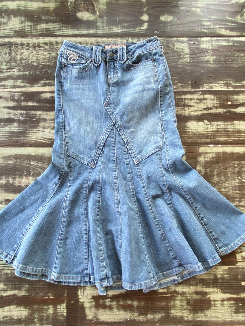 Vintage Candies, Denim Patchwork fit and Flare Boho 90's Midi Skirt SZ 0